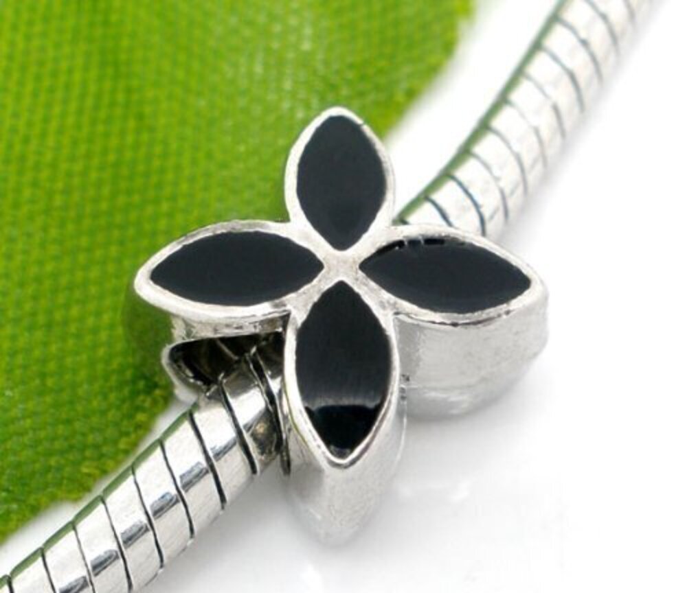 1365 10pc Silver Tone Alloy Large Hole Beads Four Petals Flower Black